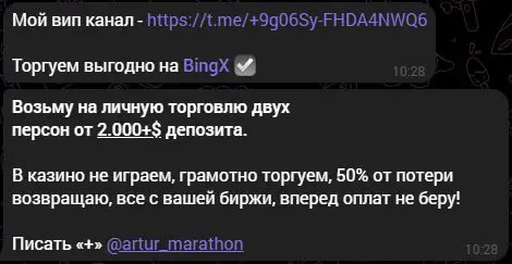 Сообщения приветственного бота: VIP, BingX и личная торговля от 2000 долларов с обещанием вернуть половину потерь