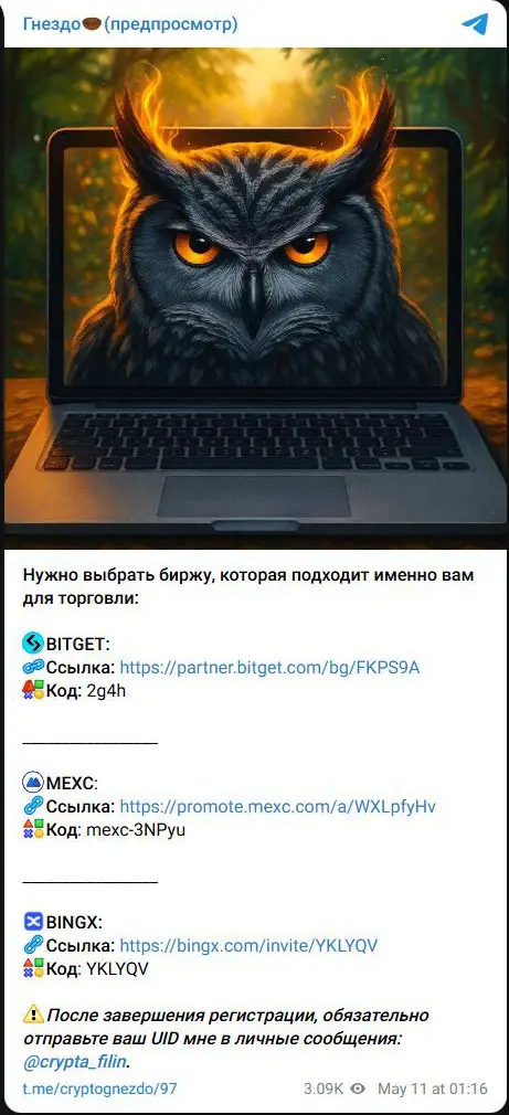 Гнездо: приглашения на Bitget, MEXC и BingX и требование отправить UID после регистрации