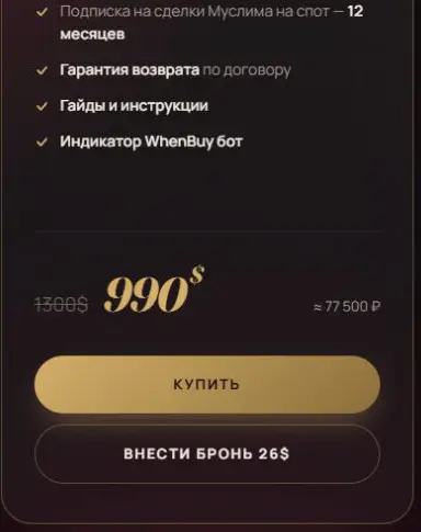 Фрагмент тарифа годового VIP: 990 долларов, гарантия возврата и бронь 26 долларов