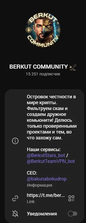 Описание Telegram-канала BERKUT COMMUNITY с аватаром и контактами