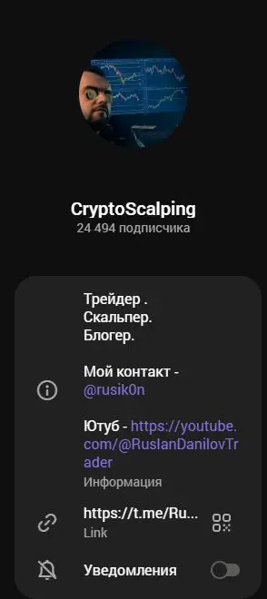 Карточка CryptoScalping с описанием и контактами Руслана Данилова