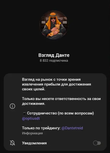 Карточка Взгляд Данте с аватаром, описанием и двумя контактами