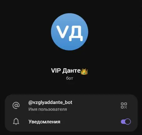 Профиль бота VIP Данте с именем пользователя vzglyaddante_bot