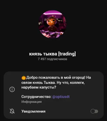 Карточка Князь Тыква trading с аватаром, описанием и контактом optiusdt