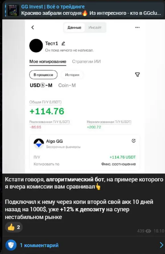Карточка счёта с отрицательным реализованным результатом и положительной открытой прибылью