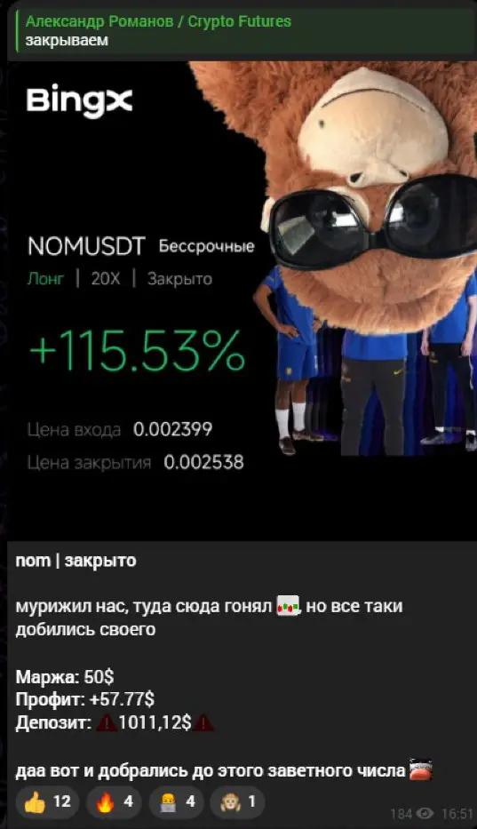 Итог NOM: процент по позиции, денежная прибыль и баланс марафона